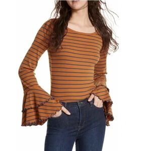 We The Free Orange Striped Good Find Ruffle Bell Long Sleeve Top